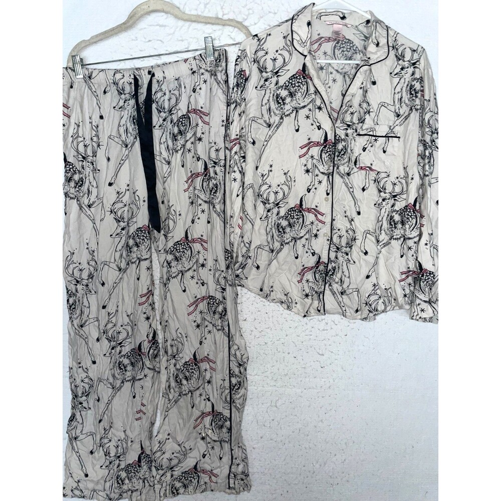 Victoria Secret Pajama Set White Lightweight Flannel Christmas Deer Sz M Long